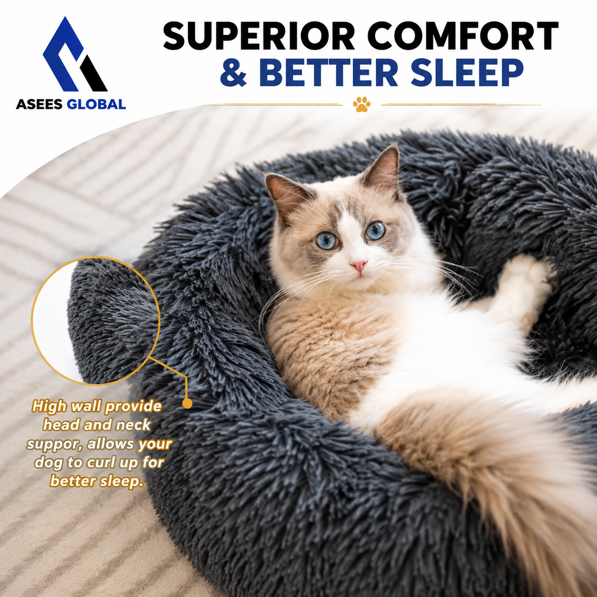 Ultra Soft Plush Donut Cat Bed for Indoor Cats & Small Pets – Calming Round Pet Bed with Raised Rim, Washable Cozy Sleeping Nest, Non-Slip Bottom, Dark Gray
