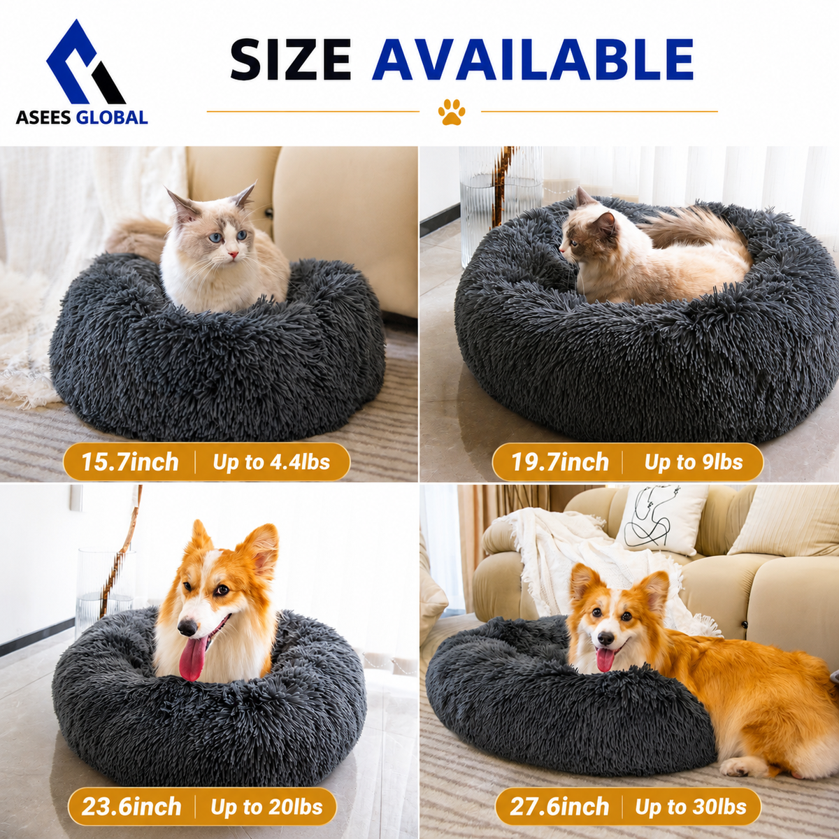 Ultra Soft Plush Donut Cat Bed for Indoor Cats & Small Pets – Calming Round Pet Bed with Raised Rim, Washable Cozy Sleeping Nest, Non-Slip Bottom, Dark Gray