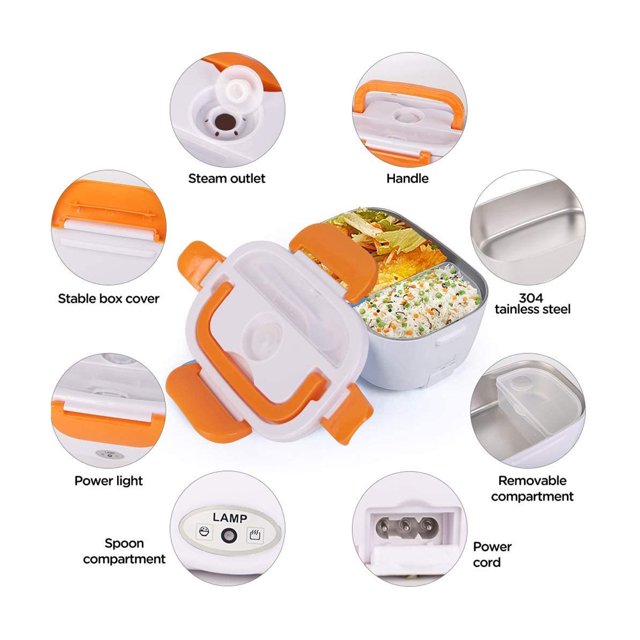 2-in-1 Electric Heating Lunch Box – Portable Food Warmer with Stainless Steel Container, Home & Car Power Cables, Leakproof Bento Lunch Box for Office, Travel & Truck