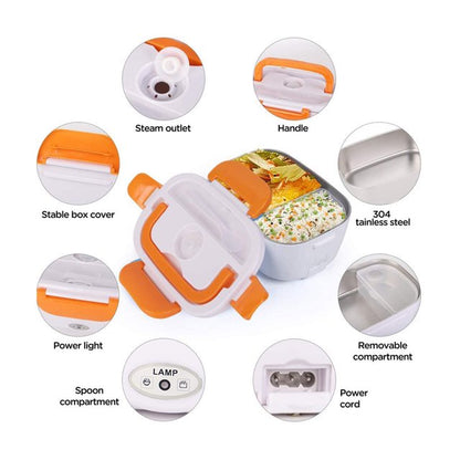 2-in-1 Electric Heating Lunch Box – Portable Food Warmer with Stainless Steel Container, Home & Car Power Cables, Leakproof Bento Lunch Box for Office, Travel & Truck