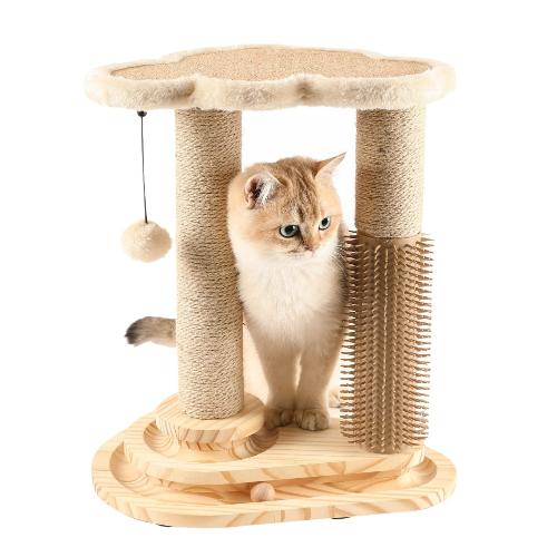 Cat Scratching Post with Grooming Brush & Hanging Ball Toy – Sisal Scratcher Tower for Indoor Cats, Interactive Cat Activity Center with Wooden Base
