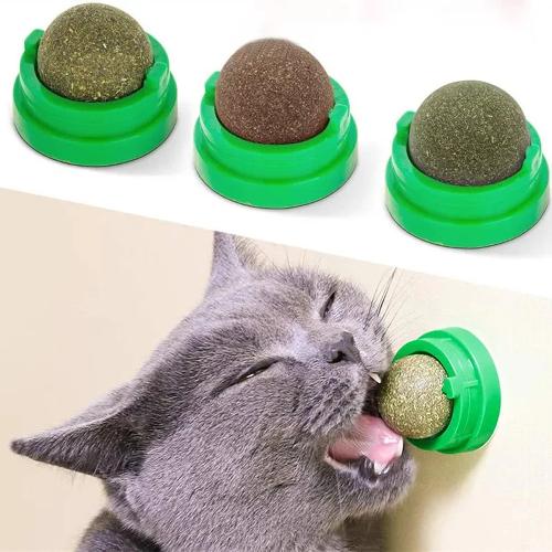 Natural Catnip Balls for Cats – Rotating Wall Mounted Cat Treat Toy, Edible Catnip Lick Ball for Dental Care, Stress Relief & Interactive Play (3-Pack)