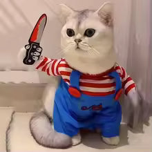 Funny Doll Cat Costume for Cats & Small Dogs – Soft Plush Pet Cosplay Outfit with Striped Shirt & Blue Overalls – Cute Halloween Costume for Parties, Photoshoots & Social Media