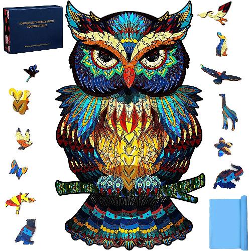 Colorful Owl Wooden Jigsaw Puzzle for Adults & Kids – Premium Animal Shaped Wooden Puzzle, Unique Irregular Pieces, Educational Brain Teaser Gift