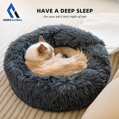 Ultra Soft Plush Donut Cat Bed for Indoor Cats & Small Pets – Calming Round Pet Bed with Raised Rim, Washable Cozy Sleeping Nest, Non-Slip Bottom, Dark Gray
