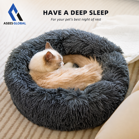 Ultra Soft Plush Donut Cat Bed for Indoor Cats & Small Pets – Calming Round Pet Bed with Raised Rim, Washable Cozy Sleeping Nest, Non-Slip Bottom, Dark Gray