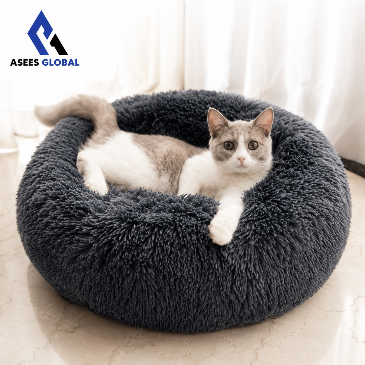 Ultra Soft Plush Donut Cat Bed for Indoor Cats & Small Pets – Calming Round Pet Bed with Raised Rim, Washable Cozy Sleeping Nest, Non-Slip Bottom, Dark Gray