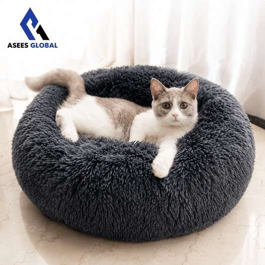 Ultra Soft Plush Donut Cat Bed for Indoor Cats & Small Pets – Calming Round Pet Bed with Raised Rim, Washable Cozy Sleeping Nest, Non-Slip Bottom, Dark Gray