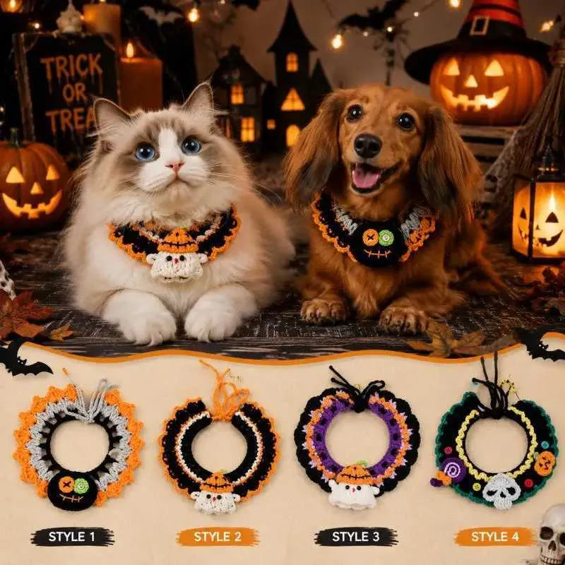 Halloween Pet Bib, Hand-knitted Cat & Dog Collar, Yarn Bandana, Pumpkin Themed Festive Pet Decorative Scarf