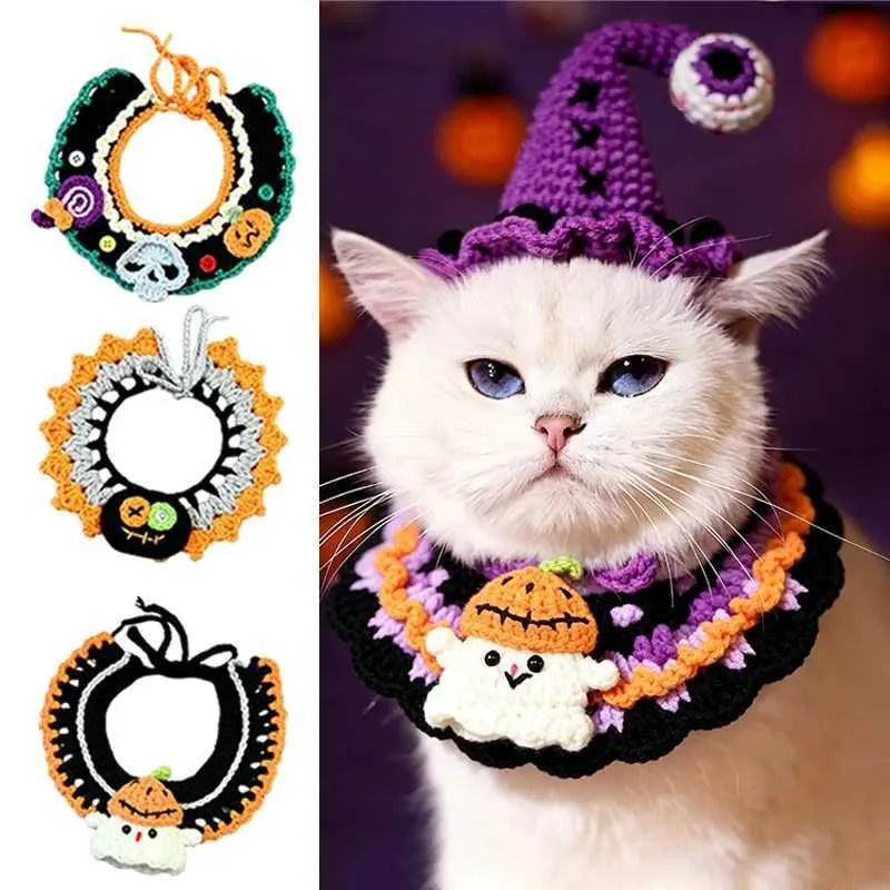 Halloween Pet Bib, Hand-knitted Cat & Dog Collar, Yarn Bandana, Pumpkin Themed Festive Pet Decorative Scarf