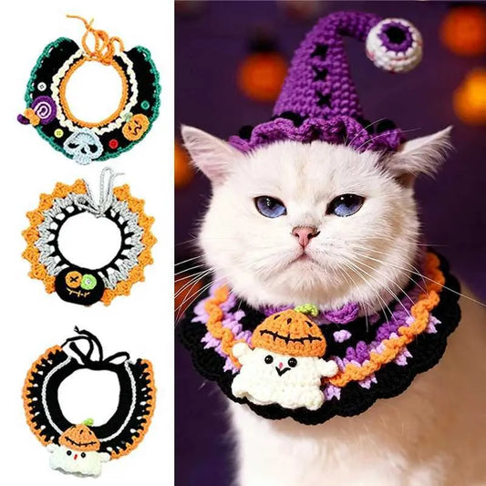 Halloween Pet Bib, Hand-knitted Cat & Dog Collar, Yarn Bandana, Pumpkin Themed Festive Pet Decorative Scarf