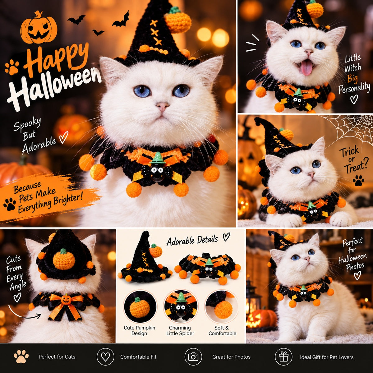 Halloween Pet Bib, Hand-knitted Cat & Dog Collar, Yarn Bandana, Pumpkin Themed Festive Pet Decorative Scarf