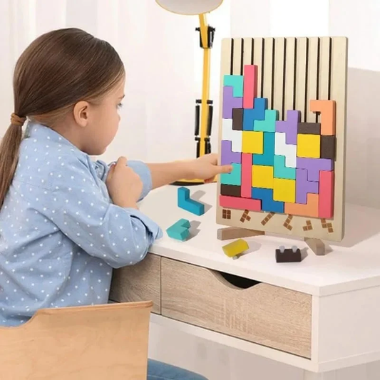 Montessori Wooden Tetris Puzzle Board | Educational STEM Building Blocks Game | Color Matching & Shape Sorting Toy for Kids | Preschool Learning Toy