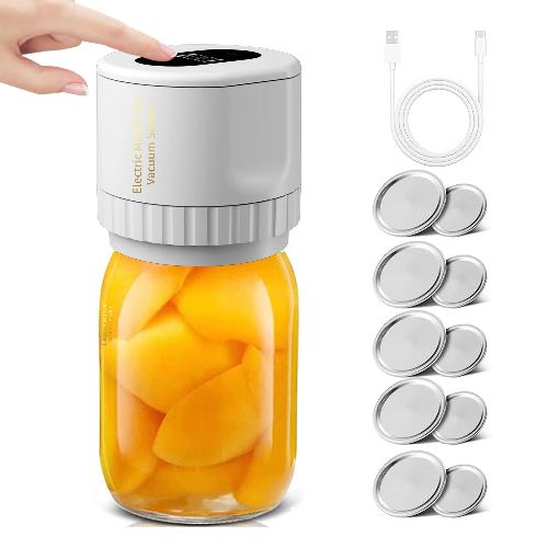 Electric Mason Jar Vacuum Sealer Kit – USB Rechargeable One-Touch Food Vacuum Sealer with 10 Reusable Lids for Wide & Regular Mouth Mason Jars, Portable Food Storage Preserver