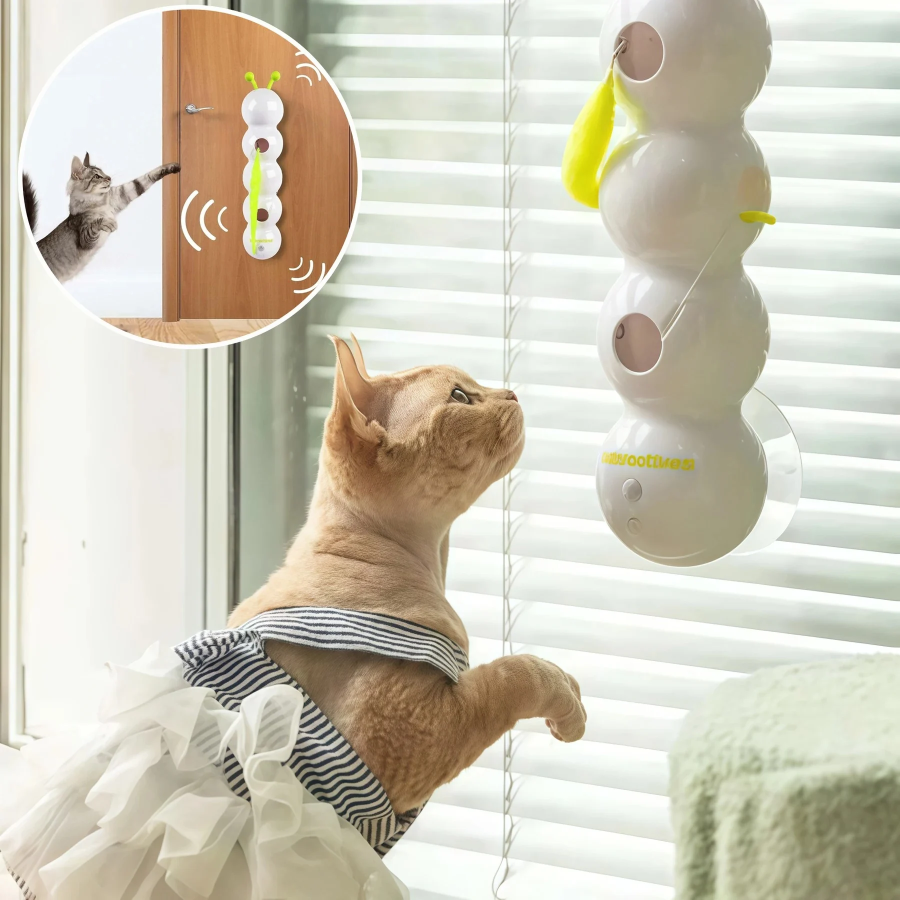 ASEES GLOBAL Smart Motion Cat Toy with Worm Teaser – Interactive Automatic Hanging Cat Toy with Motion Sensor, Suction Cup & Feather Worm for Indoor Cats and Kittens
