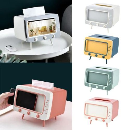 Retro TV Tissue Box Cover – Vintage Desktop Tissue Holder with Phone Stand & Home Office Decorative Tissue Dispenser