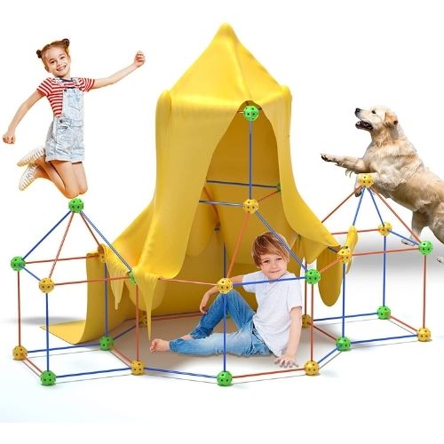 Kids Fort Building Kit – 130 PCS STEM Construction Toy with Connecting Balls, Rods & Play Tent Cover | DIY Indoor & Outdoor Building Set for Boys & Girls