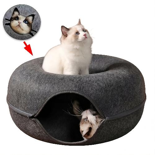 Felt Donut Cat Tunnel Bed – 2-in-1 Cozy Cat Cave & Interactive Play Tunnel, Zippered Washable Felt Pet Bed for Indoor Cats & Small Pets