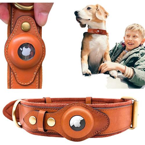 Genuine Leather AirTag Dog Collar – Adjustable Pet Collar with Built-in AirTag Holder for Apple AirTag, Durable GPS Tracking Collar for Dogs  Note: Apple AirTag is not included unless your product package specifically includes one