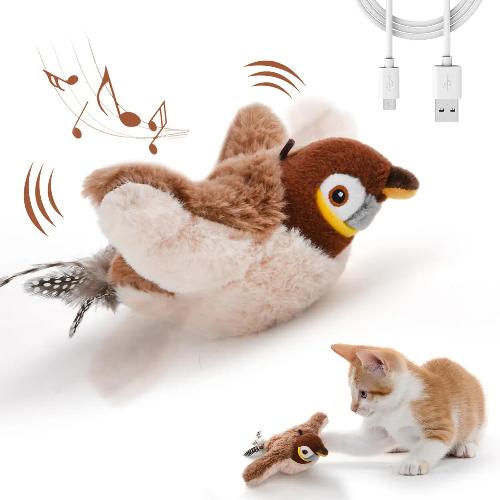 Interactive Chirping Bird Cat Toy – USB Rechargeable Motion Activated Plush Bird with Flapping Wings & Catnip Pocket for Indoor Cats