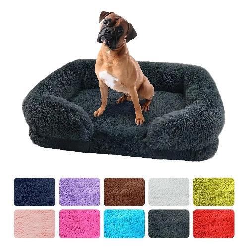 Orthopedic Plush Dog Bed for Medium & Large Dogs – Calming Washable Pet Sofa Bed with Raised Bolsters, Anti-Slip Bottom, Soft Faux Fur Dog Couch