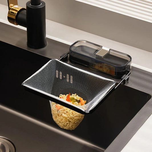ASEES GLOBAL Over-the-Sink Kitchen Drain Basket – Expandable Sink Strainer with Hanging Mesh Filter, Food Waste Catcher & Multifunction Sponge Storage Rack