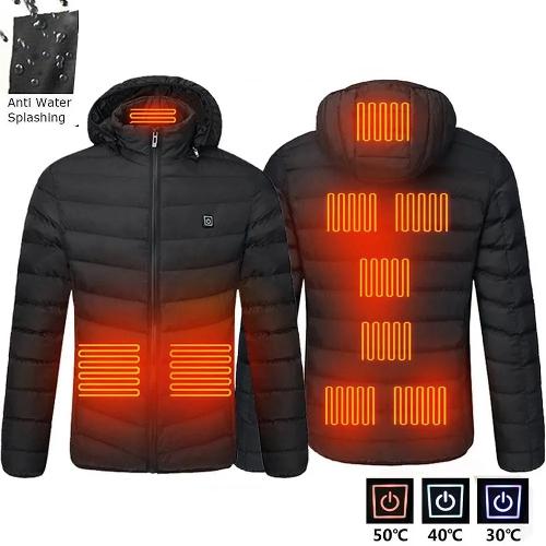 ASEES GLOBAL USB Rechargeable Heated Jacket for Men & Women – Electric Winter Heating Coat with Hood, 3 Temperature Levels, Water-Resistant Thermal Outdoor Jacket