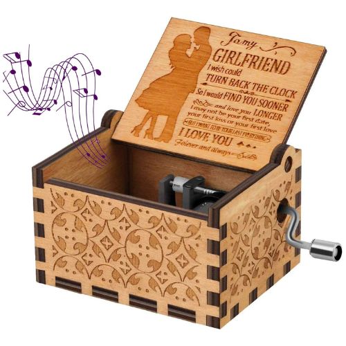 Wooden Hand Crank Music Box – Engraved "To My Girlfriend" Romantic Gift | Vintage Musical Box | Anniversary, Birthday & Valentine's Day Keepsake