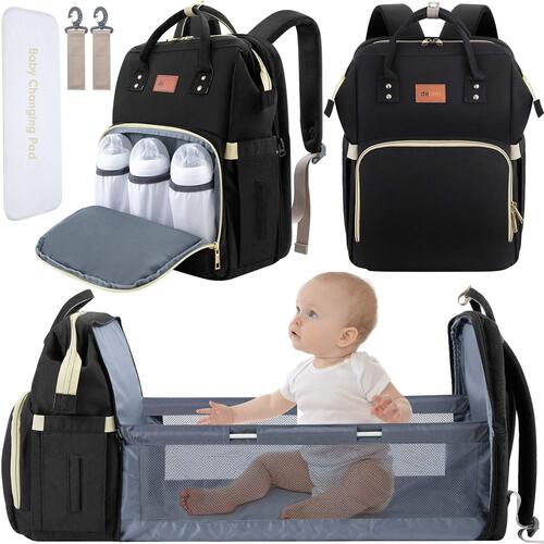 3-in-1 Baby Diaper Bag Backpack with Foldable Bassinet | Large Capacity Waterproof Mommy Bag | Portable Baby Travel Backpack with Changing Pad & Insulated Bottle Pockets