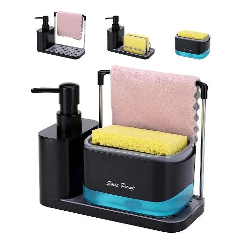 5-in-1 Hand & Dish Soap Dispenser Set with Sponge Holder, Towel Rack & Sink Organizer – Refillable Kitchen Countertop Soap Pump Station