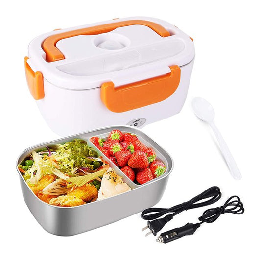 2-in-1 Electric Heating Lunch Box – Portable Food Warmer with Stainless Steel Container, Home & Car Power Cables, Leakproof Bento Lunch Box for Office, Travel & Truck